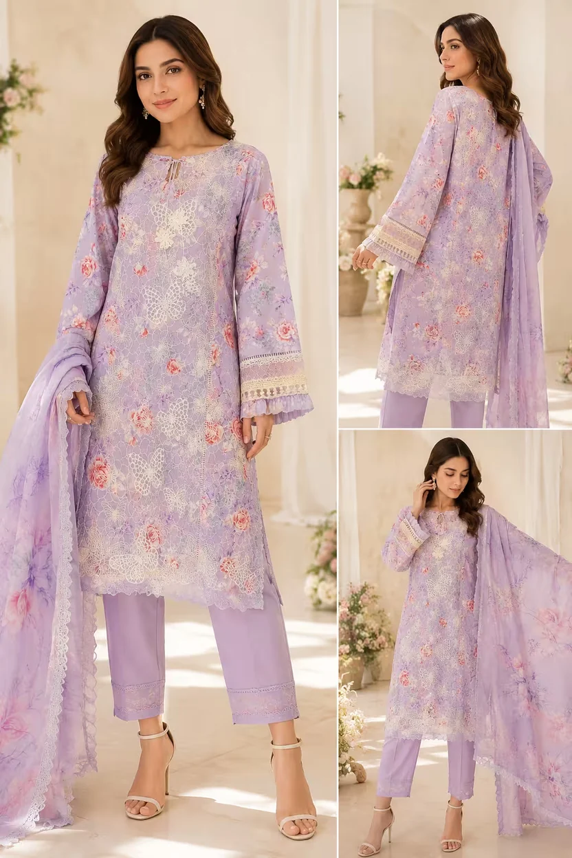 Multi-Shades Embroided Luxury Lawn 3 Piece Stitched Suit - ELL-101 - Image 2
