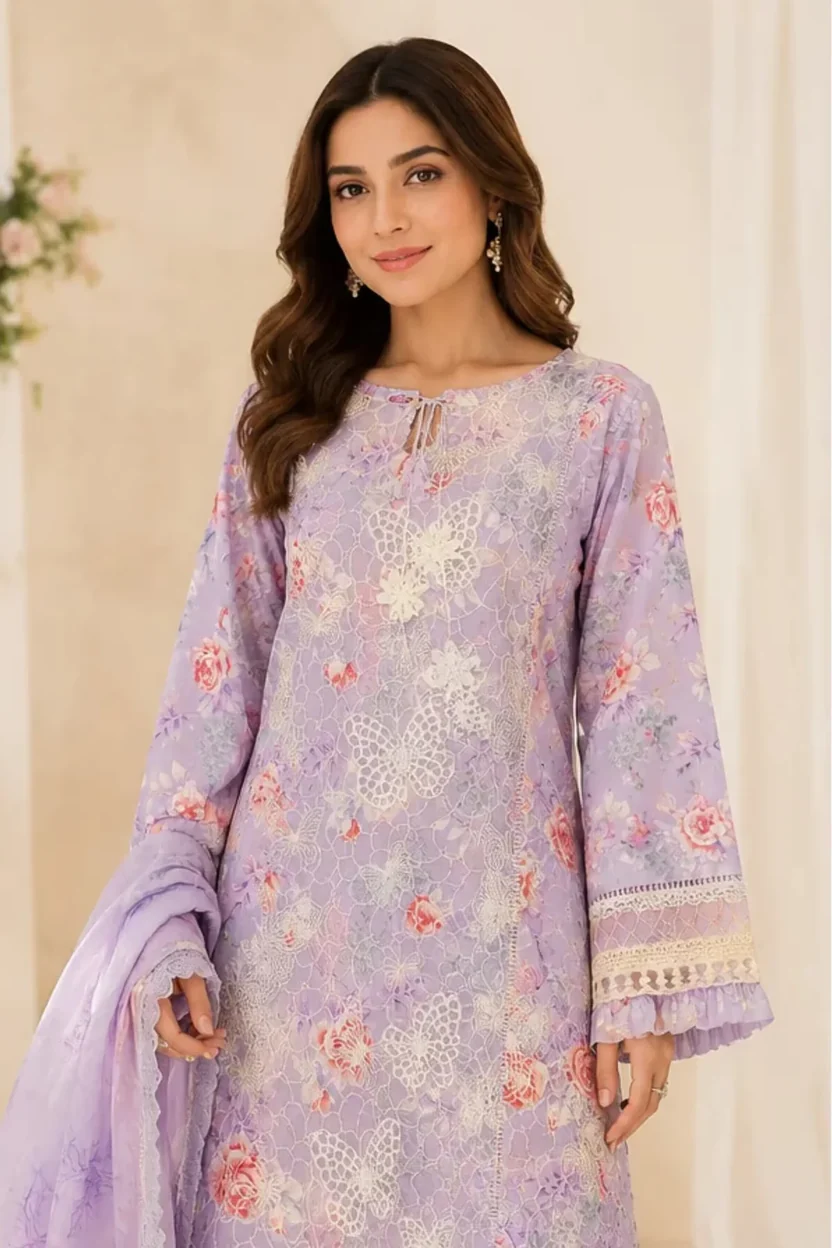Multi-Shades Embroided Luxury Lawn 3 Piece Stitched Suit - ELL-101